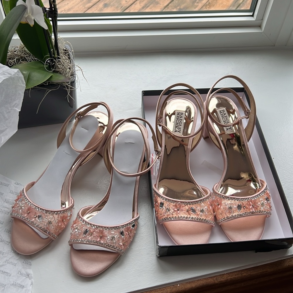 Badgley Mischka Pink Satin Floral Crystal Block Heel Sandals - Picture 11 of 13